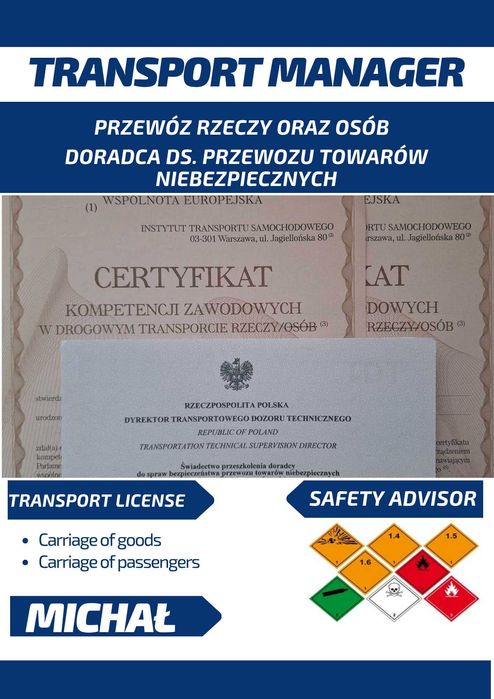 Certyfikat Kompetencji Zawodowych Przewóz Rzeczy Osób Doradca ADR DGSA