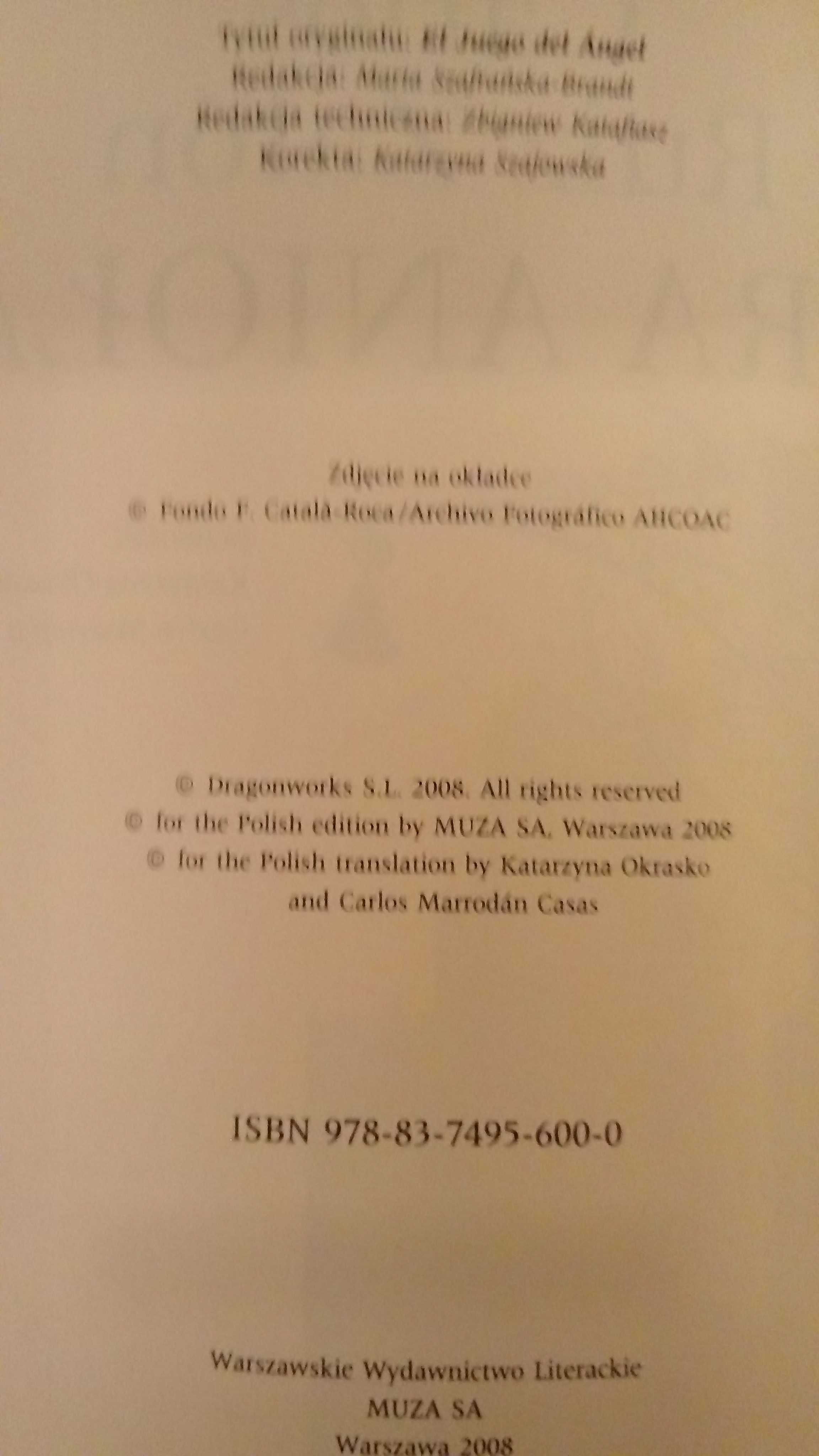 Książki "Cień wiatru" i "Gra Anioła" C. R. Zafona - cena za 2 książki