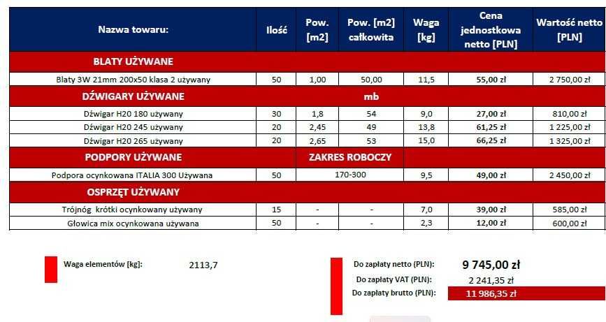 Szalunki stropowe używane podpory blaty dźwigary OKAZJA!