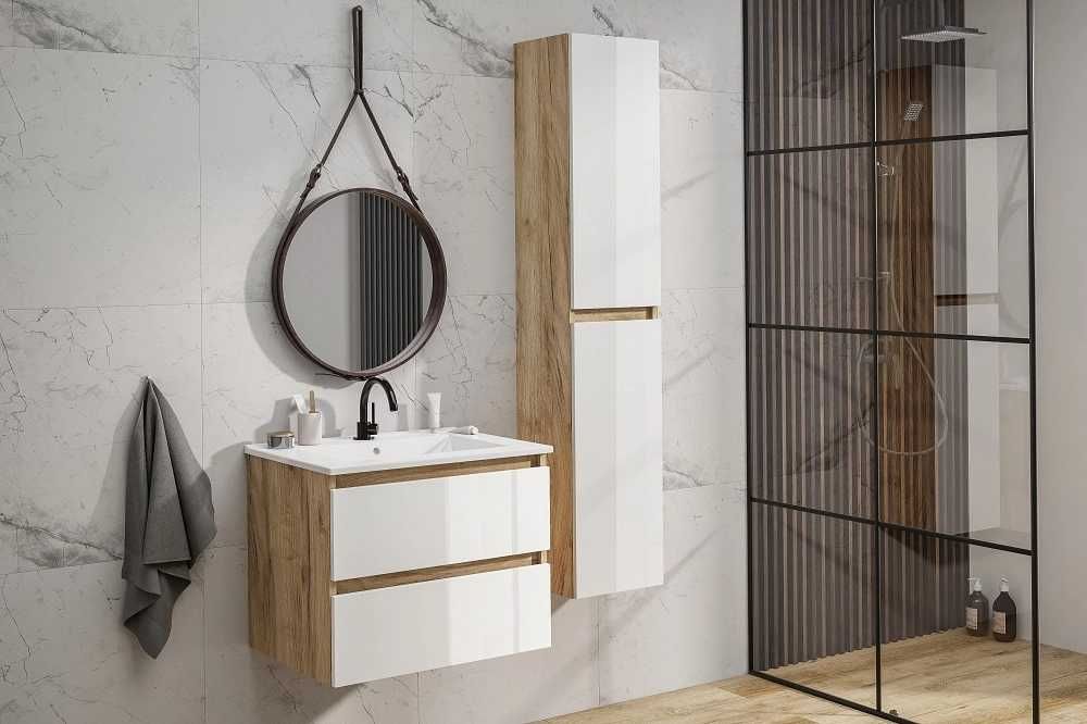 Zestaw Maori Szafka Z Umywalką i szafką wiszącą Biały Dąb 50 Cm