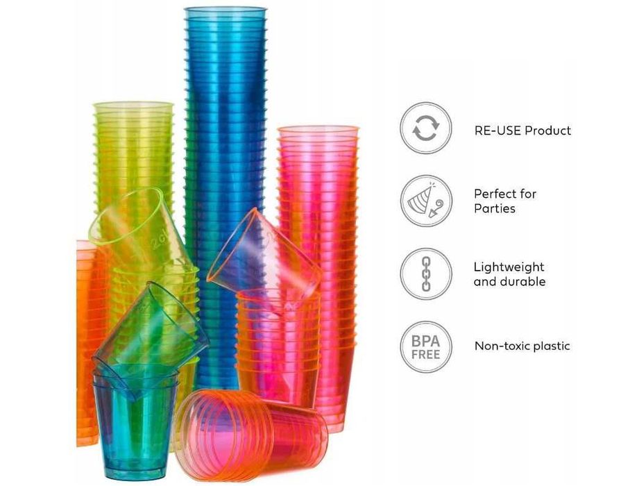 300Szt Neonowe Plastikowe Kieliszki do Wódki 30ml