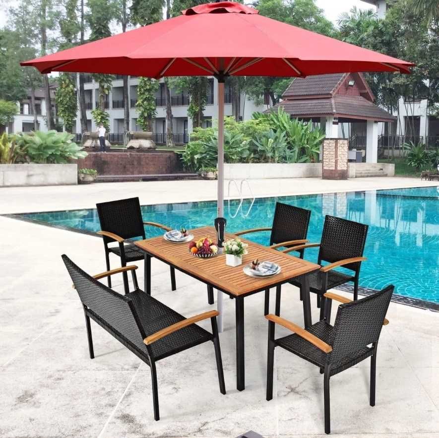 Stół Costway drewno+rattan prostokątny z otworem na parasol 140x75x76
