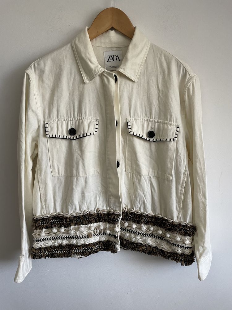 Zara L bawełniana kurtka katana koszulowa boho style etno muszelki