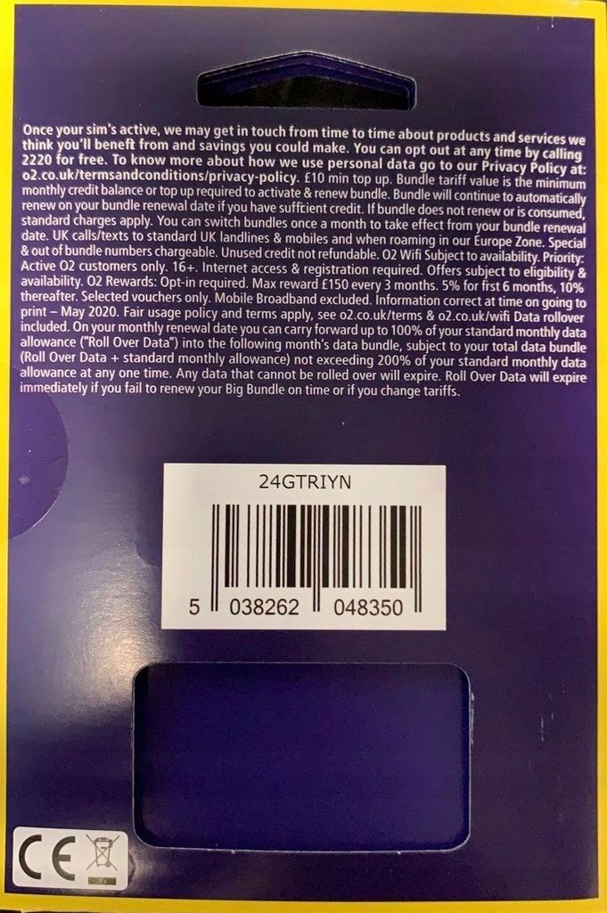 O2 UK Starter Karta SIM Card Prepaid SMS OTP Code