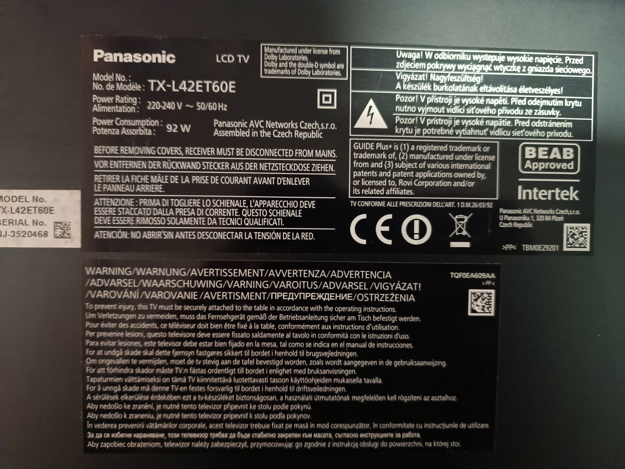 Panasonic tx-l42et60e na części moduł wifi pilot t con  zasilacz