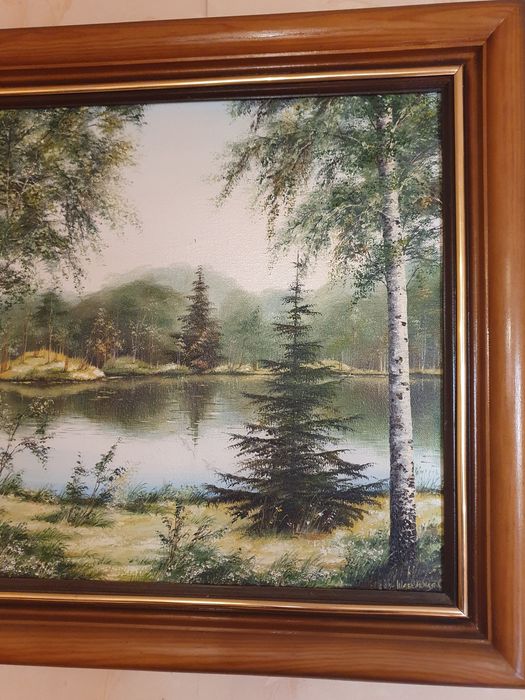 Картина маслом Березовая роща у озера худ. Шабельная 88х56 см, пейзаж