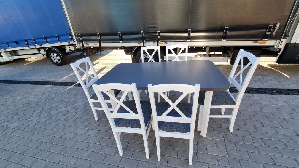 Nowe: Stół 80x140/180 + 6 krzeseł, bialy/blat grafit + grafit ( krzyż)