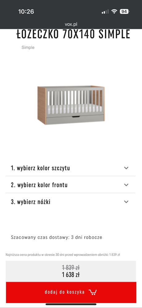 Łóżeczko dzieciece VOX Simple
