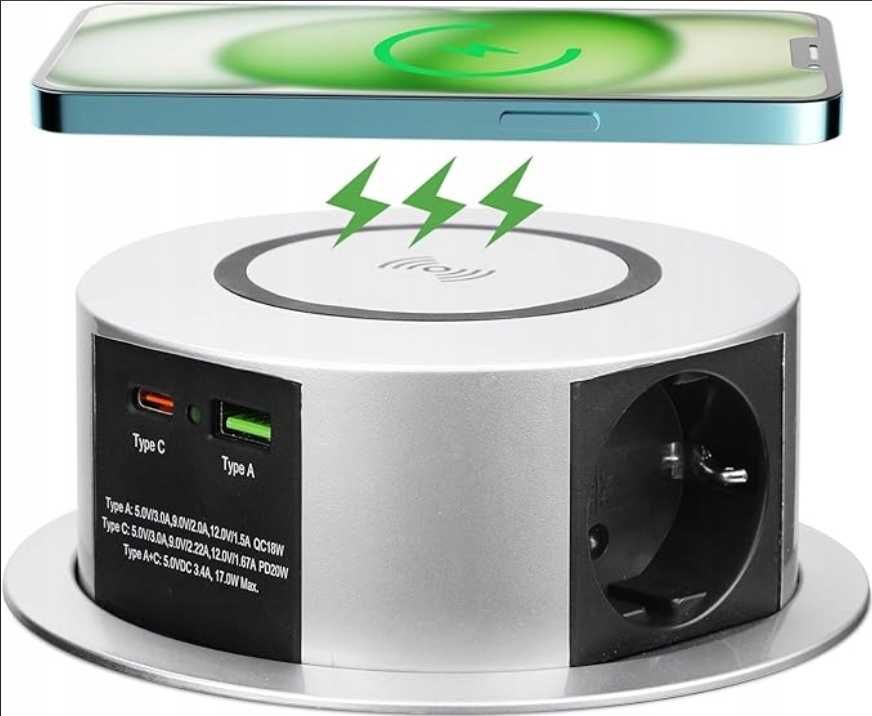 Wysuwane Gniazdko USB C PD20W 3x z Ładowarką Bezprzewod 10W do Biurka