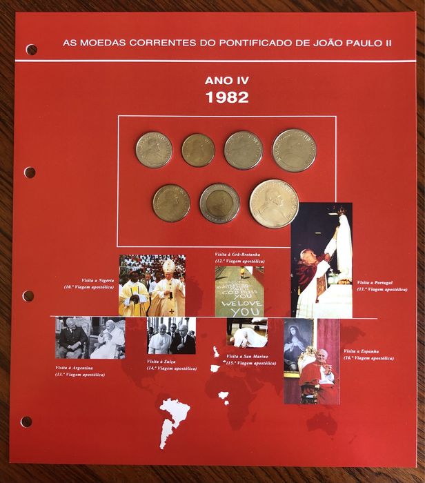 Lote de 7 Moedas (Liras) 1982–Cidade do Vaticano, Papa João Paulo II