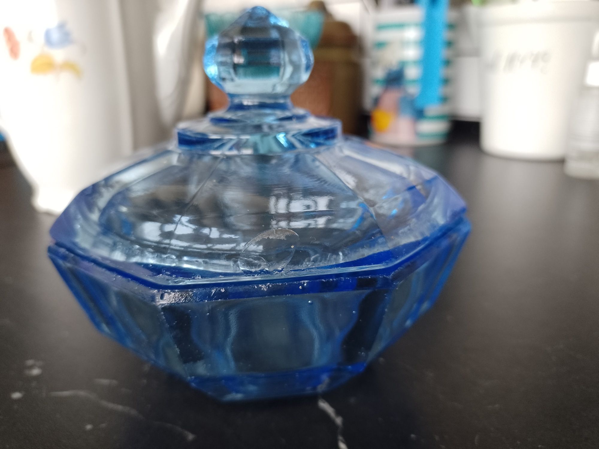 Blue glass niebiesko szkło stare retro puzderka bomboniera