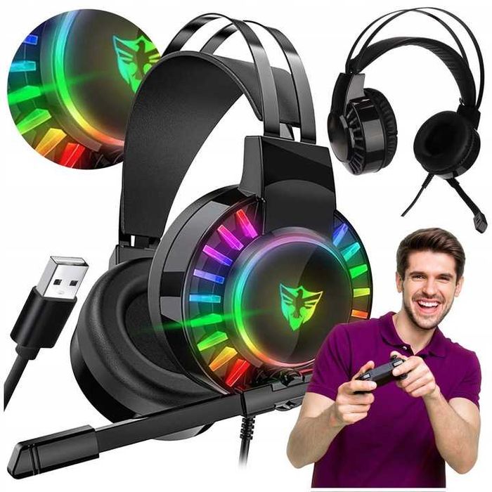 Słuchawki Dla Graczy Gamingowe Nauszne LED RGB Przewodowe Z Mikrofonem