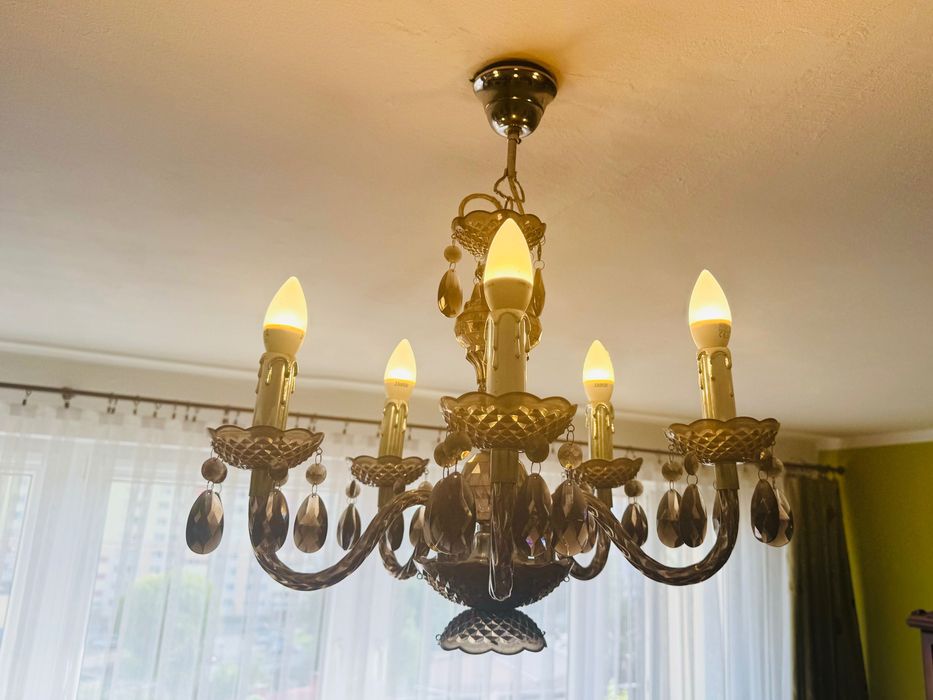 Brązowa efektowna lampa wisząca, żyrandol do salonu + żarówki