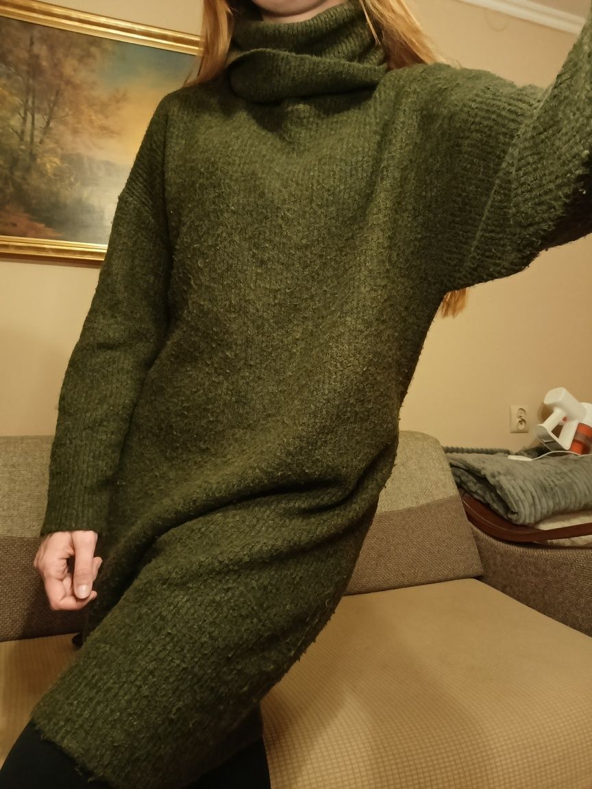 Khaki ciemno butelkowy sweter damski długi kardigan z paskiem M L