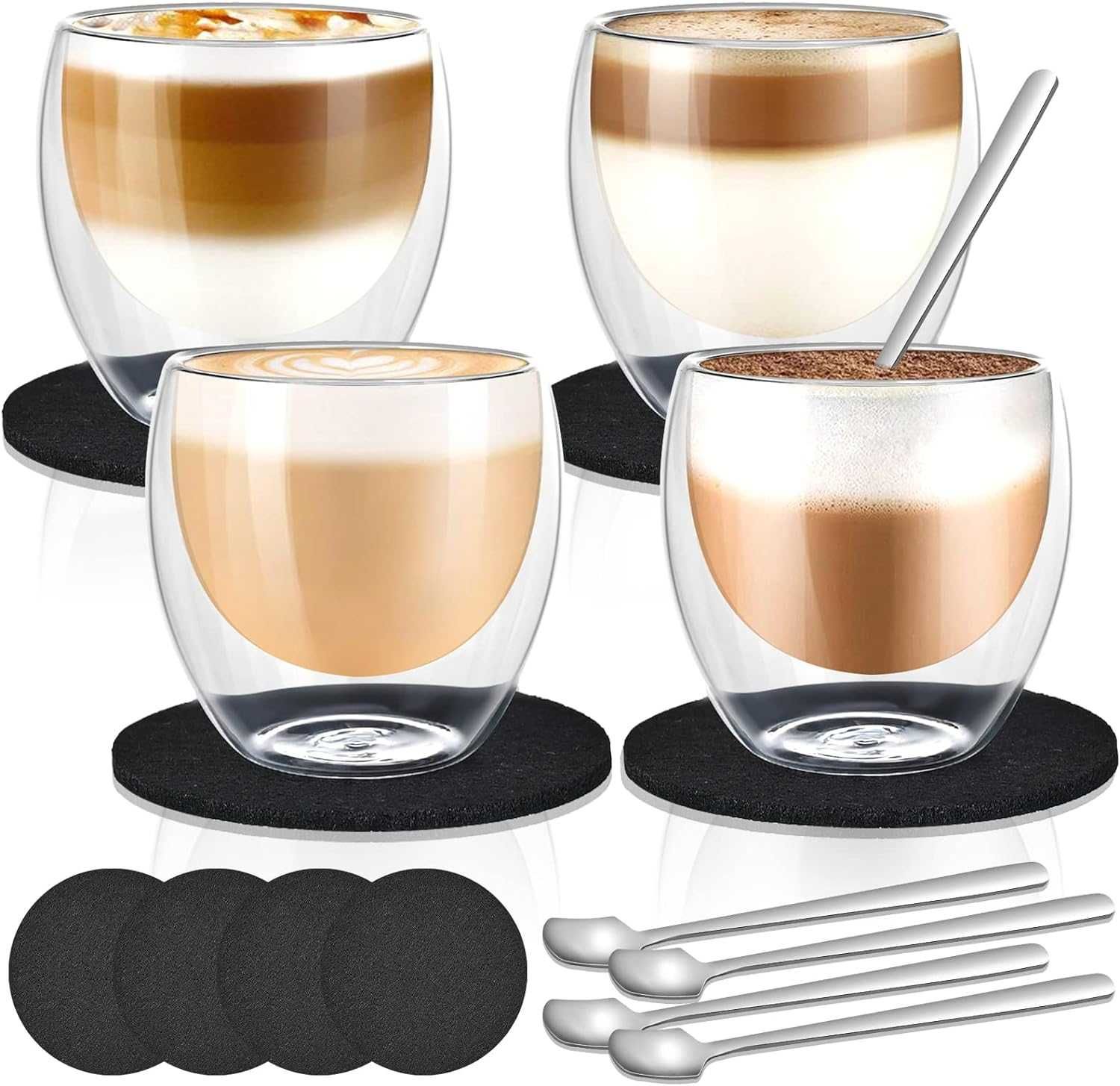 Zestaw szklanek do latte macchiato 250ml x 4szt + podstawki, łyżeczki