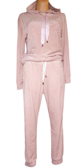 Komplet dresowy pudrowy róż sztuczny welur 2 XL - 44 Nowy z przeróbką