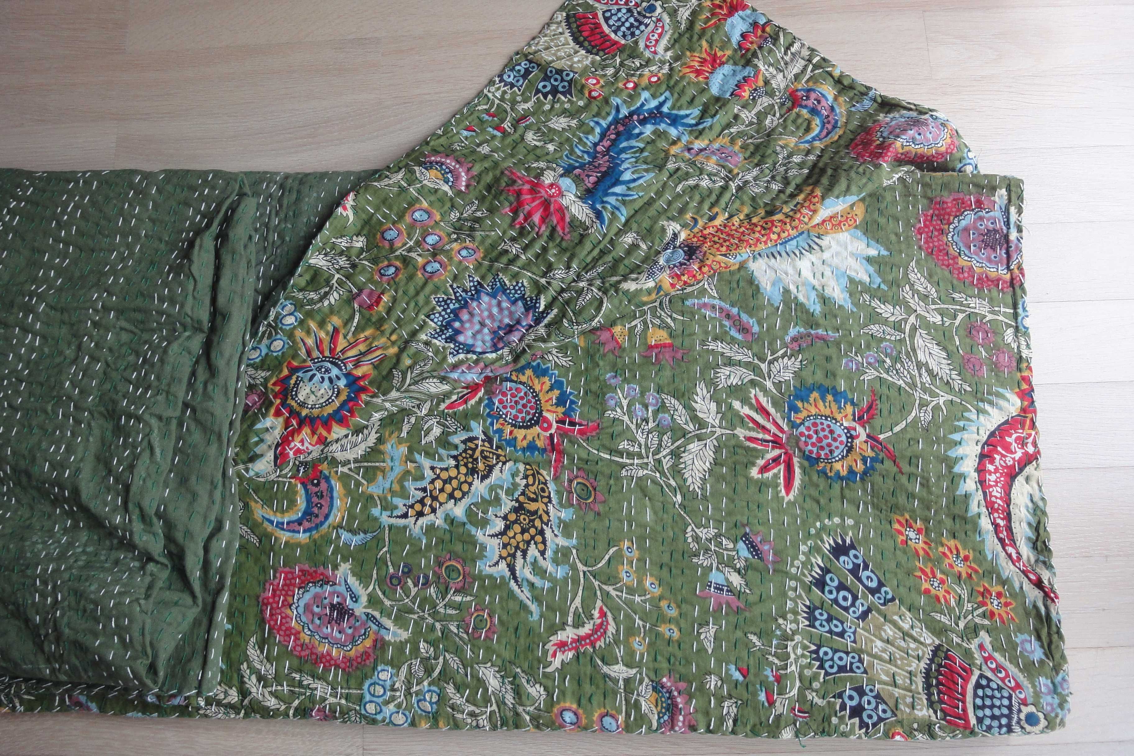 indyjska zielona kwiecista narzuta  bawełna  230 x 264 nowa - 250 zł