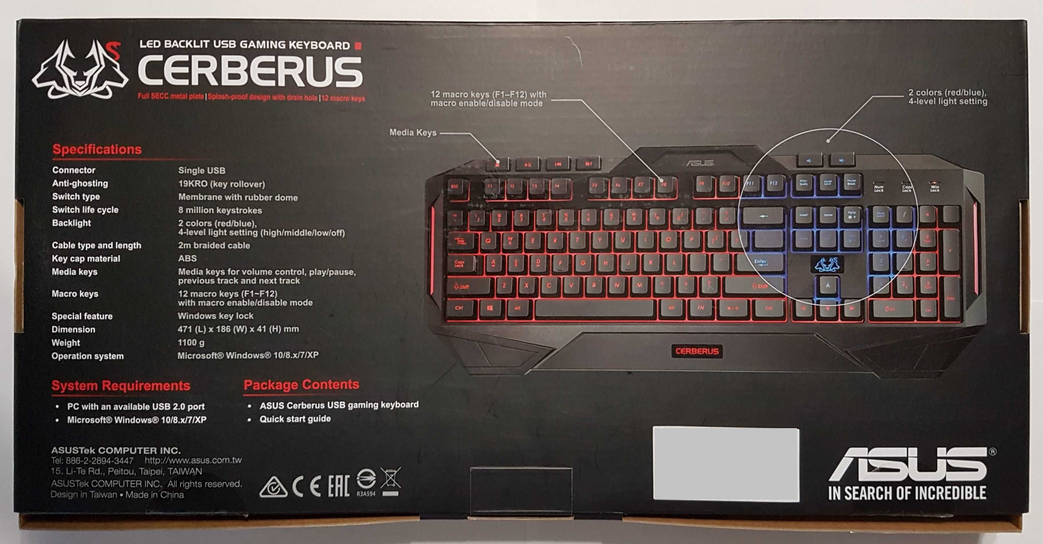 Игровая клавиатура Asus Cerberus LED Backlit USB (90YH00R1-B2QA00)