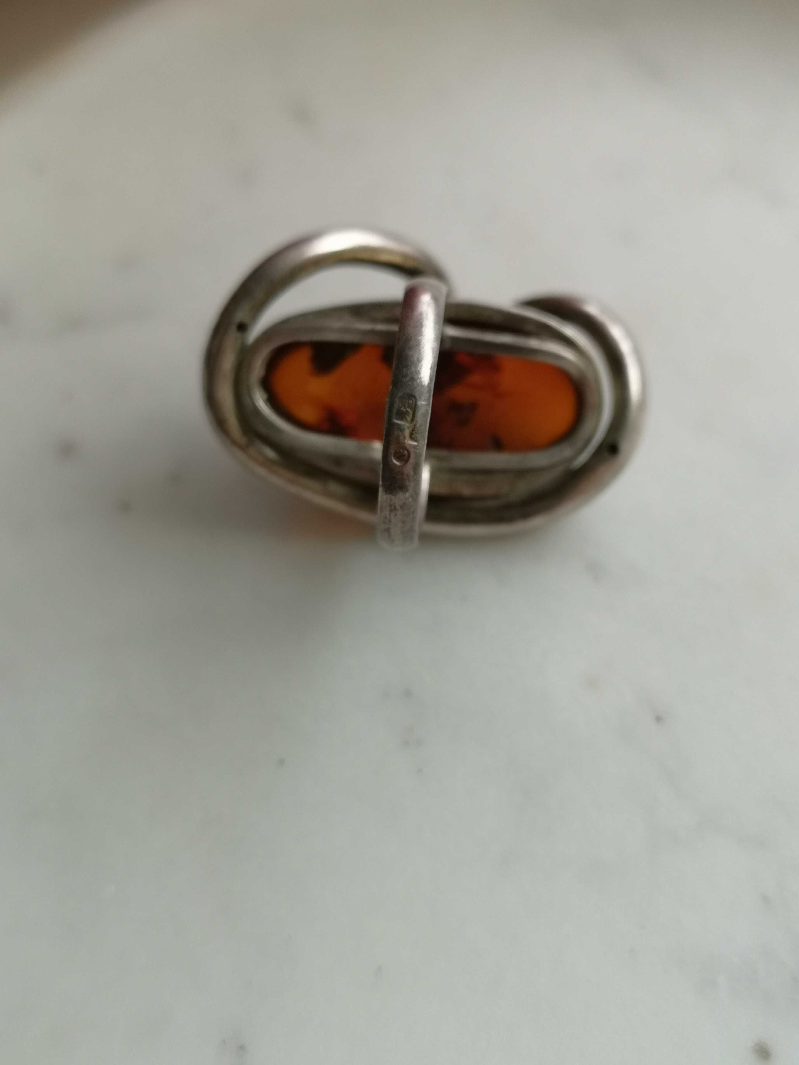 pierścionek bursztyn srebro stary PRL vintage duży pierścionek