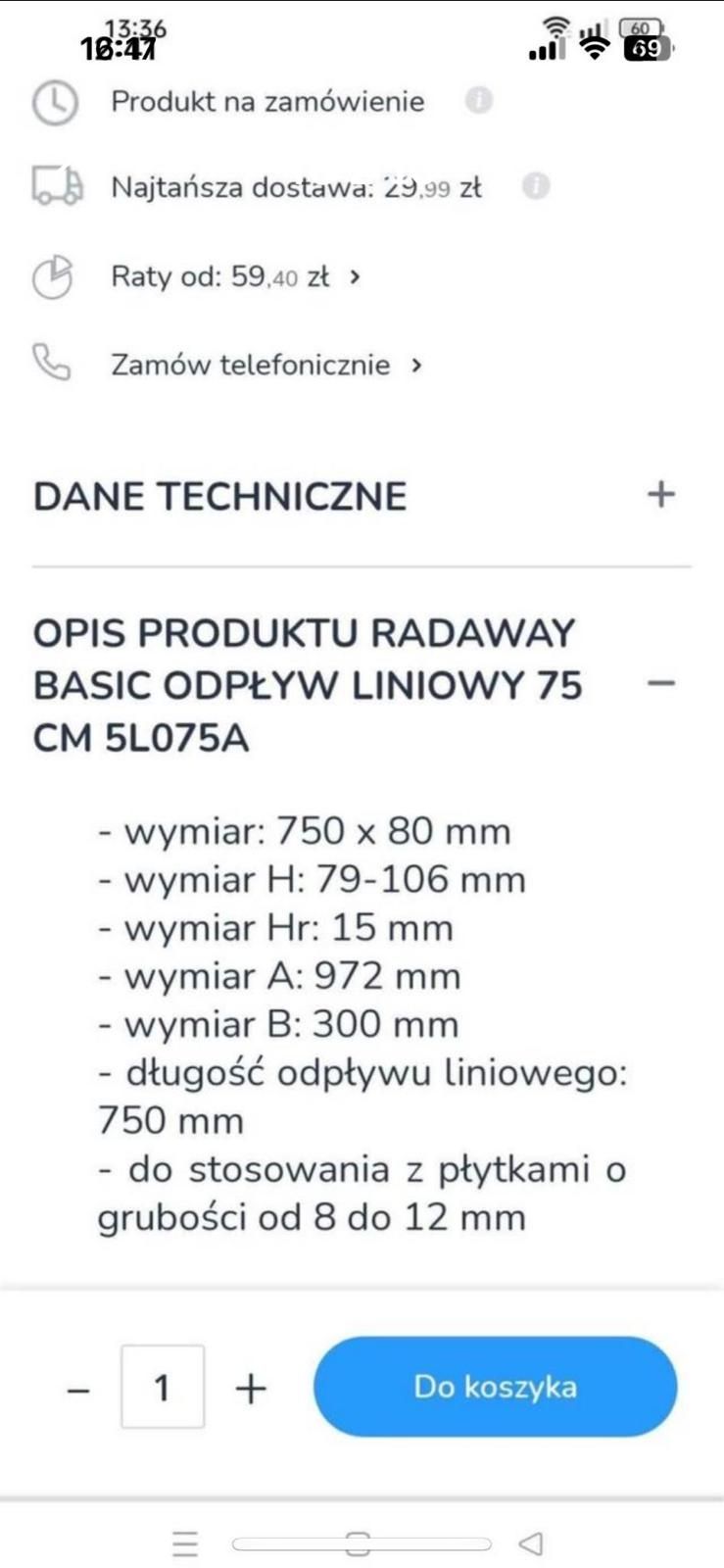 Odpływ liniowy z regulacja 75x8cm Radaway steel 5LO75A NOWY