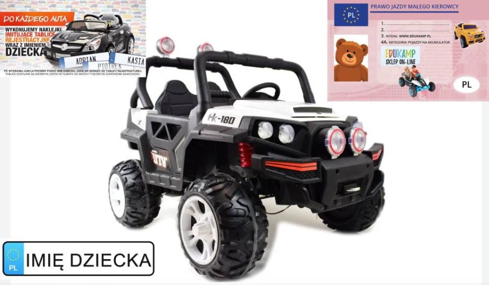 MEGA JEEP BUGGY UTV 2osobowe, 4x45W, Ecoskóra, koła EVA