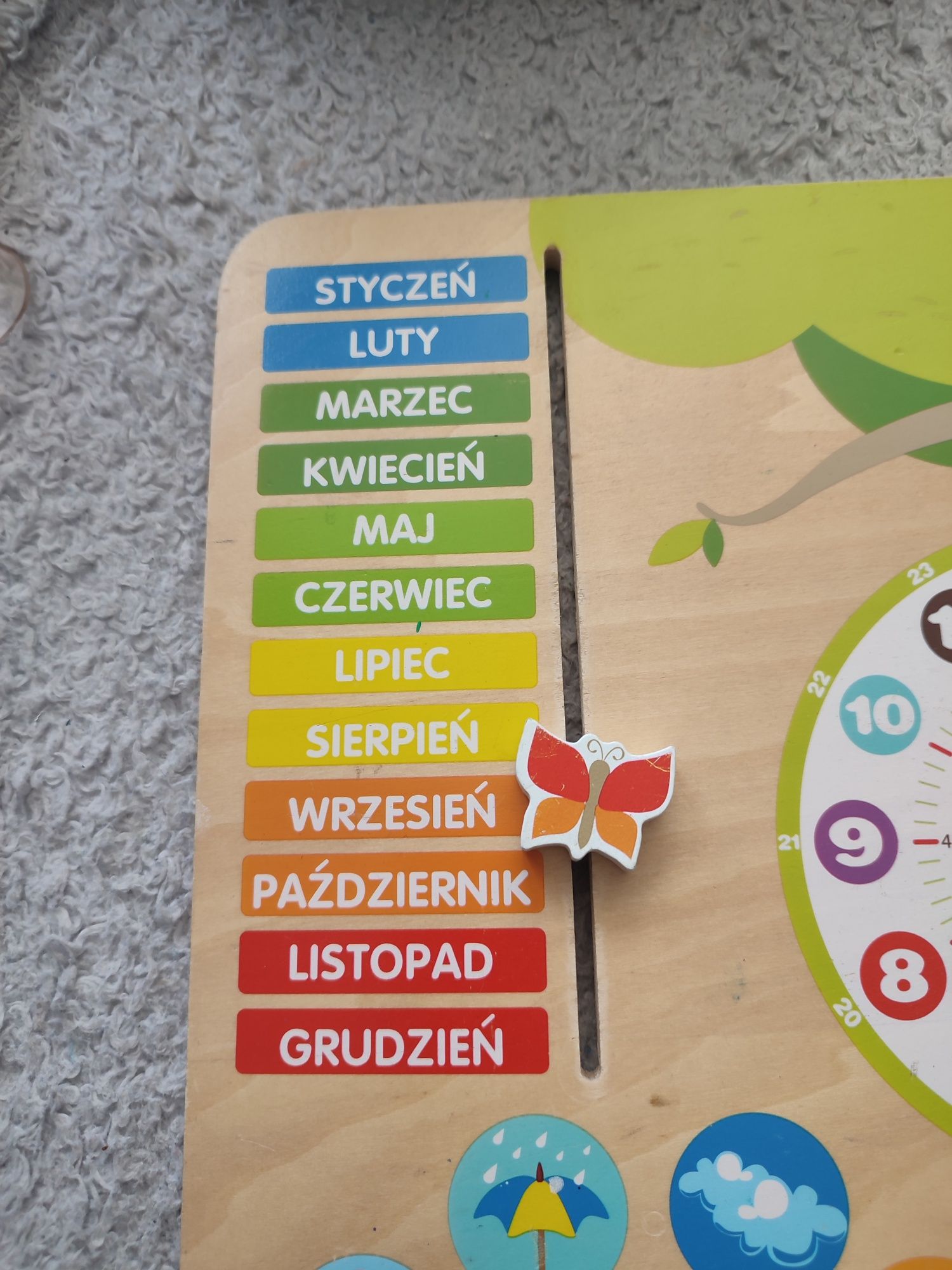 Kalendarz z zegarem i pogodą dla dzieci drewniany Montessori