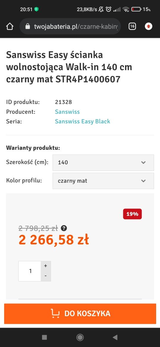 Sanswiss Walk-in Easy, szyba z powłoką antyzaciekową140cm