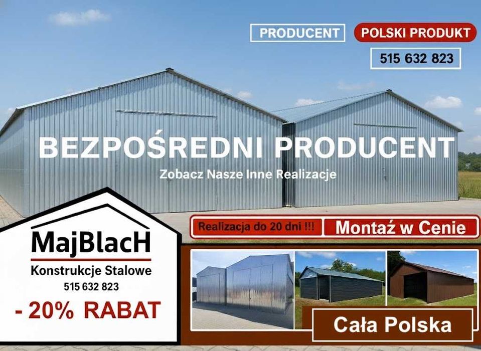 OTWARTY Duży Dwuspadowy Garaż Blaszany MAGAZYN - Hala  - Maj-Blach