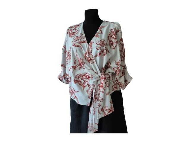 ZARA bluzka S M len wiskoza kwiaty wiązana narzutka nietoperz