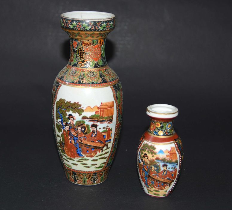 Ceramiczne Wazony Chińskie Scena rodzajowa Zestaw 2 sztuk Vintage