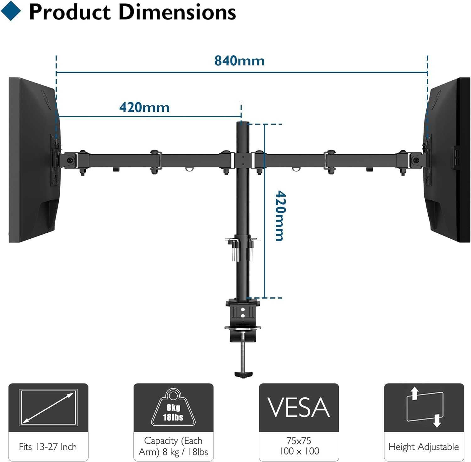 BONTEC uchwyt na 2 monitory 13-27 cali VESA 75 i 100 MDM002B-v02