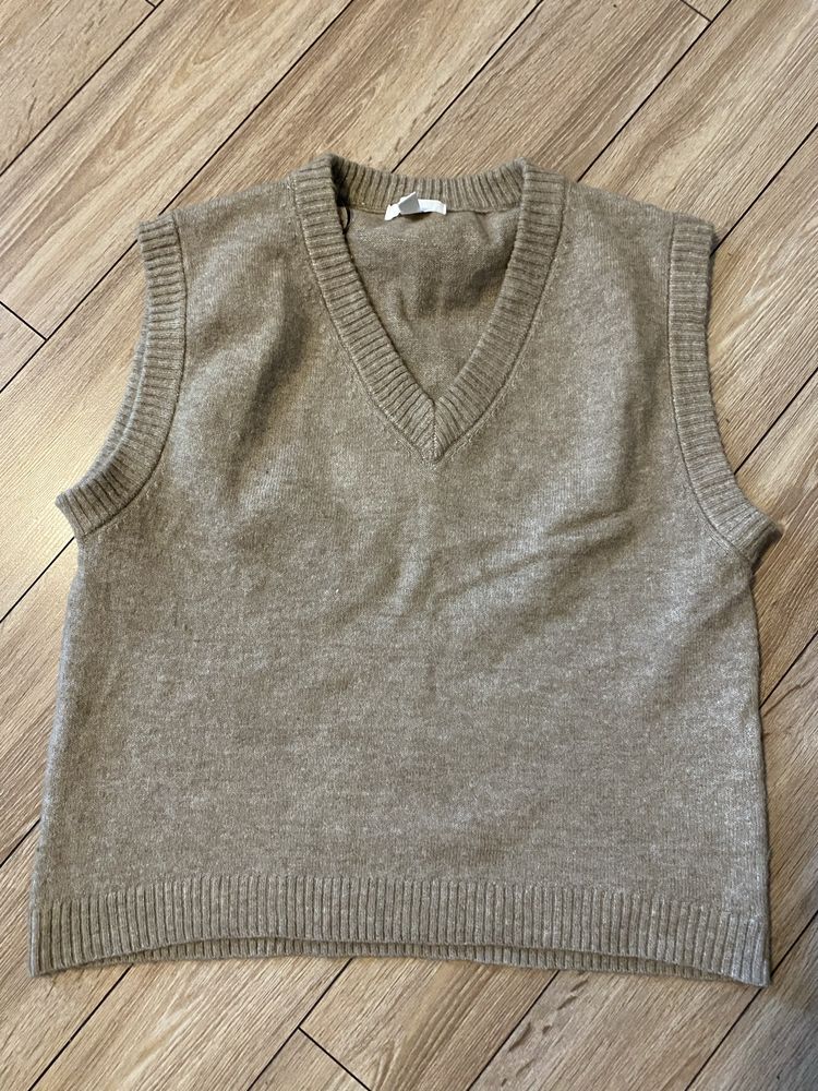 Wełniany Bezrękawnik/Kamizelka swetrowa/sweter w serek.  H&M.