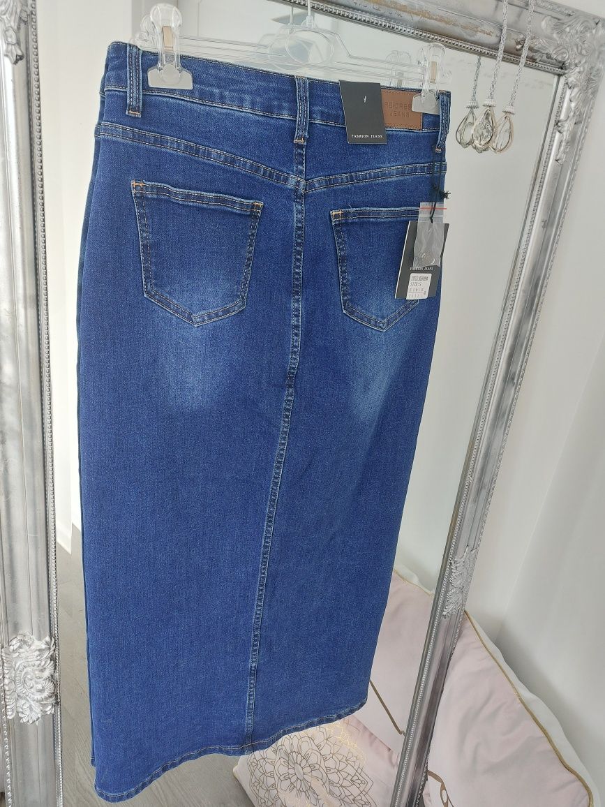 RE-DRESS nowa jeansowa spódnica midi z rozcięciem granatowa butik 140z