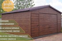 garaż drewnopodobny 5x6 całość profil orzech drzwi blachodachówka