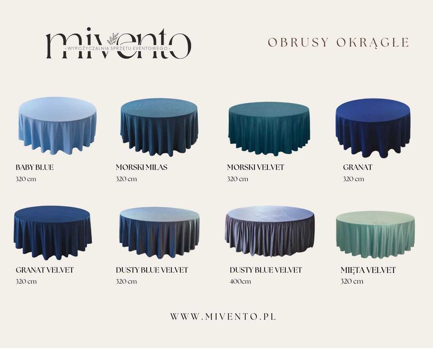 Wynajem obrusów okrągłe, prostokątne, cekinowe, velvet , serwety