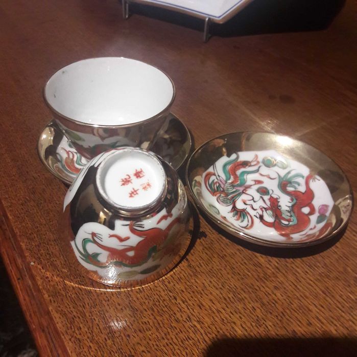 2 Tigelas porcelana chinesa pintura manual "Dragão Vermelho", antigas