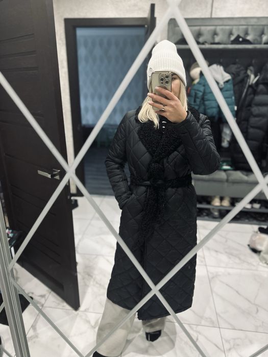 Пальто зимове тепле довге хутро баранчик шуба каракуль куртка стьогане