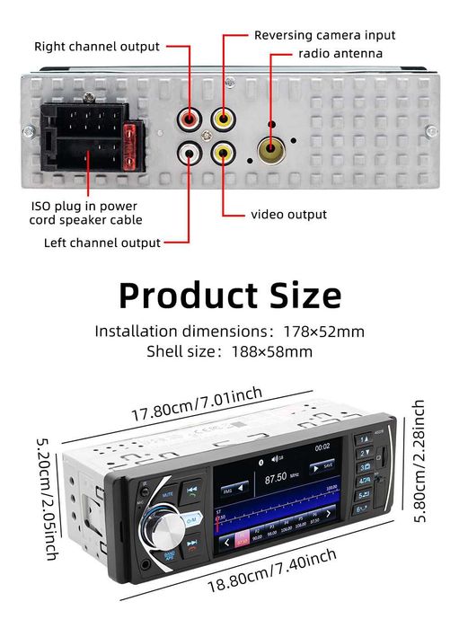 Radio 1 Din 4.1 Inch FM Audio  Bluetooth Com camara marcha atrás