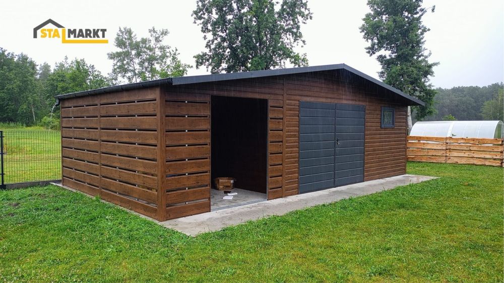 Garaż blaszany 6x6 m – orzech mat –montaż w cenie!