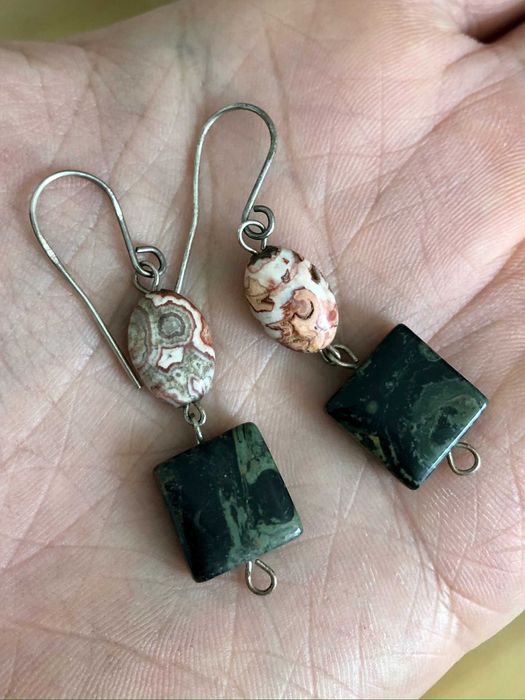 Srebrne Kolczyki Wiszące Agat Koronkowy i Jaspis Kambaba
