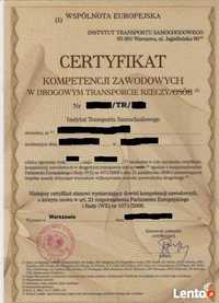 Certyfikat kompetencji zawodowych CKZ przewóz rzeczy FV!