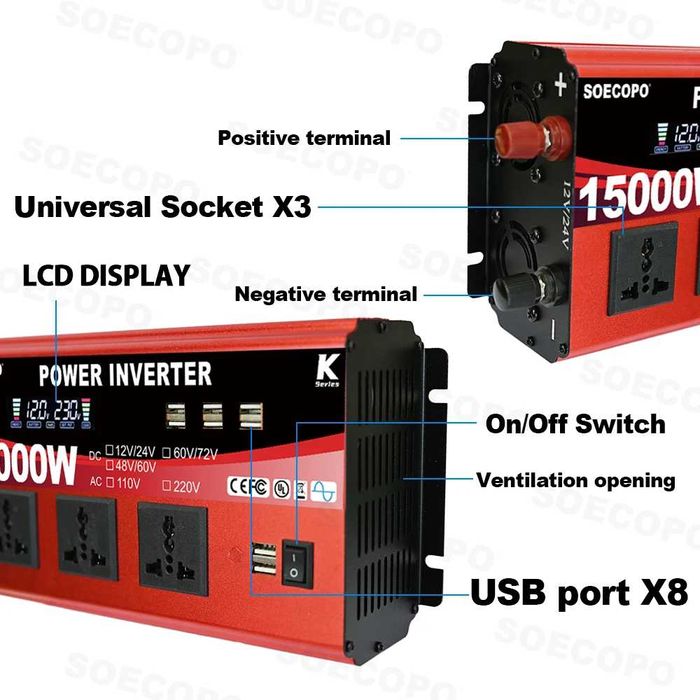 Inversor 
C12V 24V D60V 72V
D48V /6OV
AC D 10V D20V 
15000W: