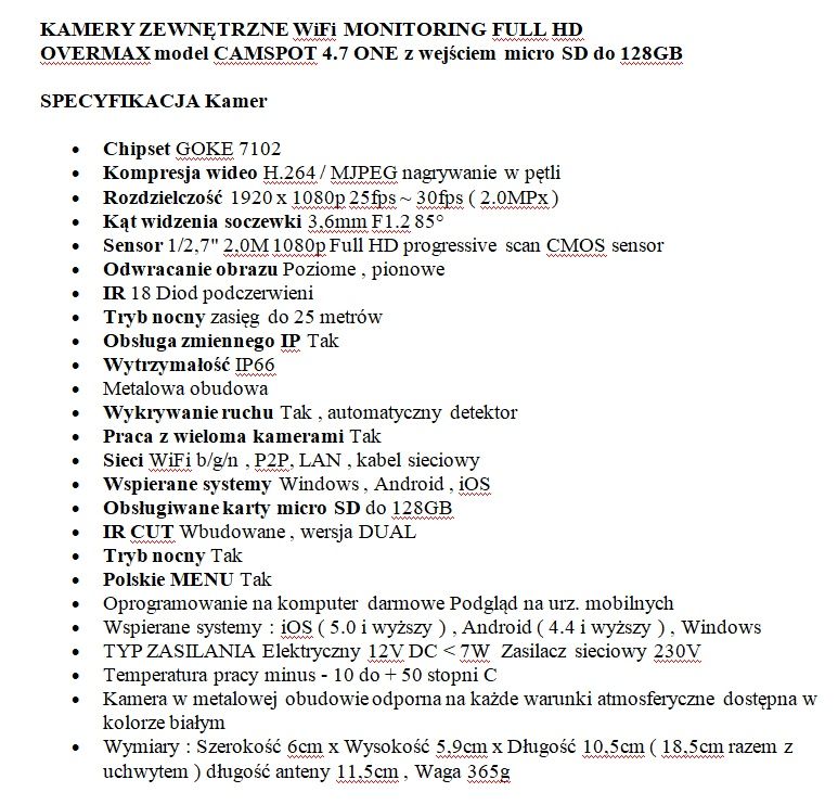Monitoring, rejestrator i kamery Overmax