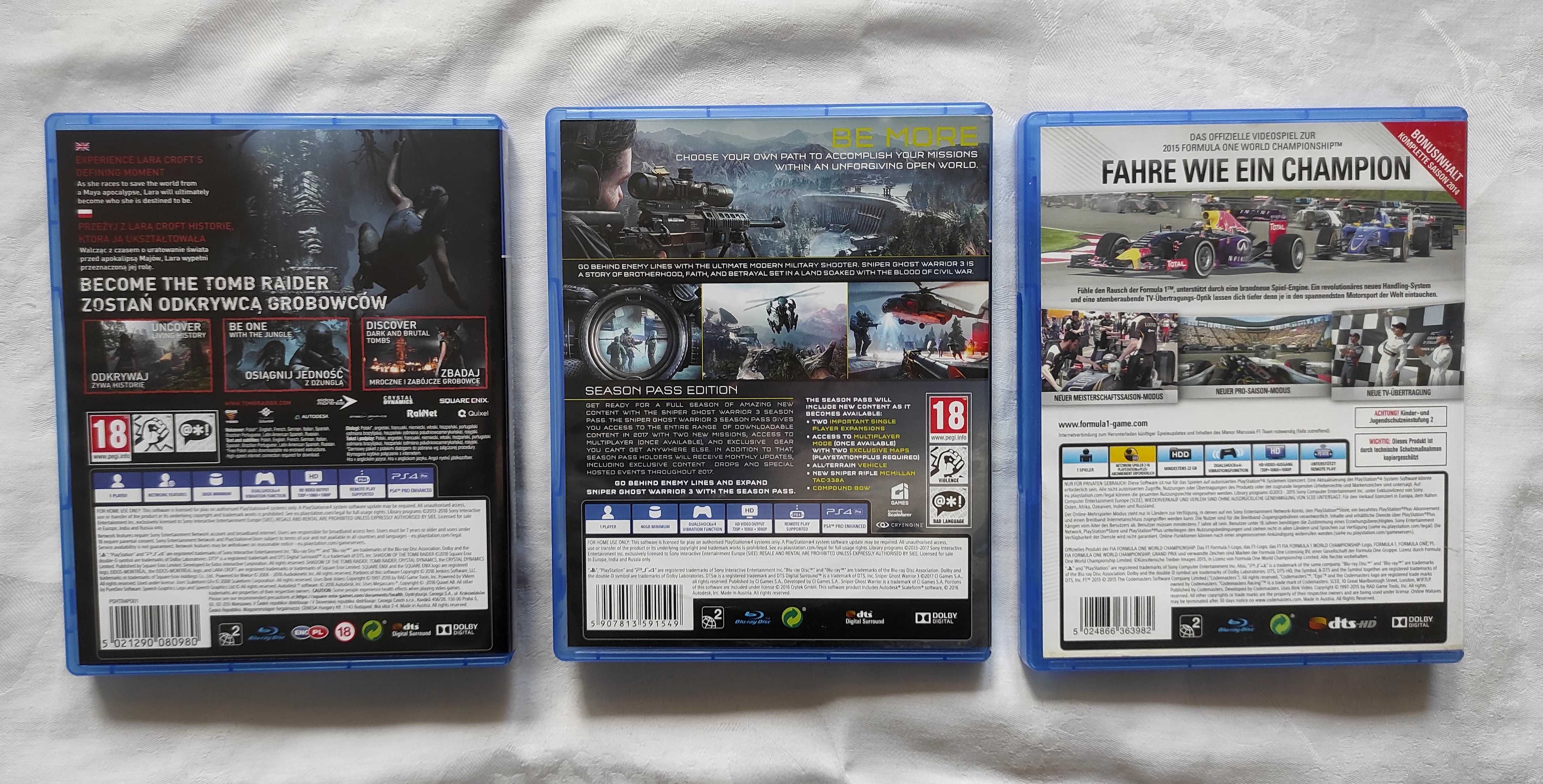Zestaw 3 Gry Tomb Raider, Sniper i F1 -  PlayStation 4 - PS4