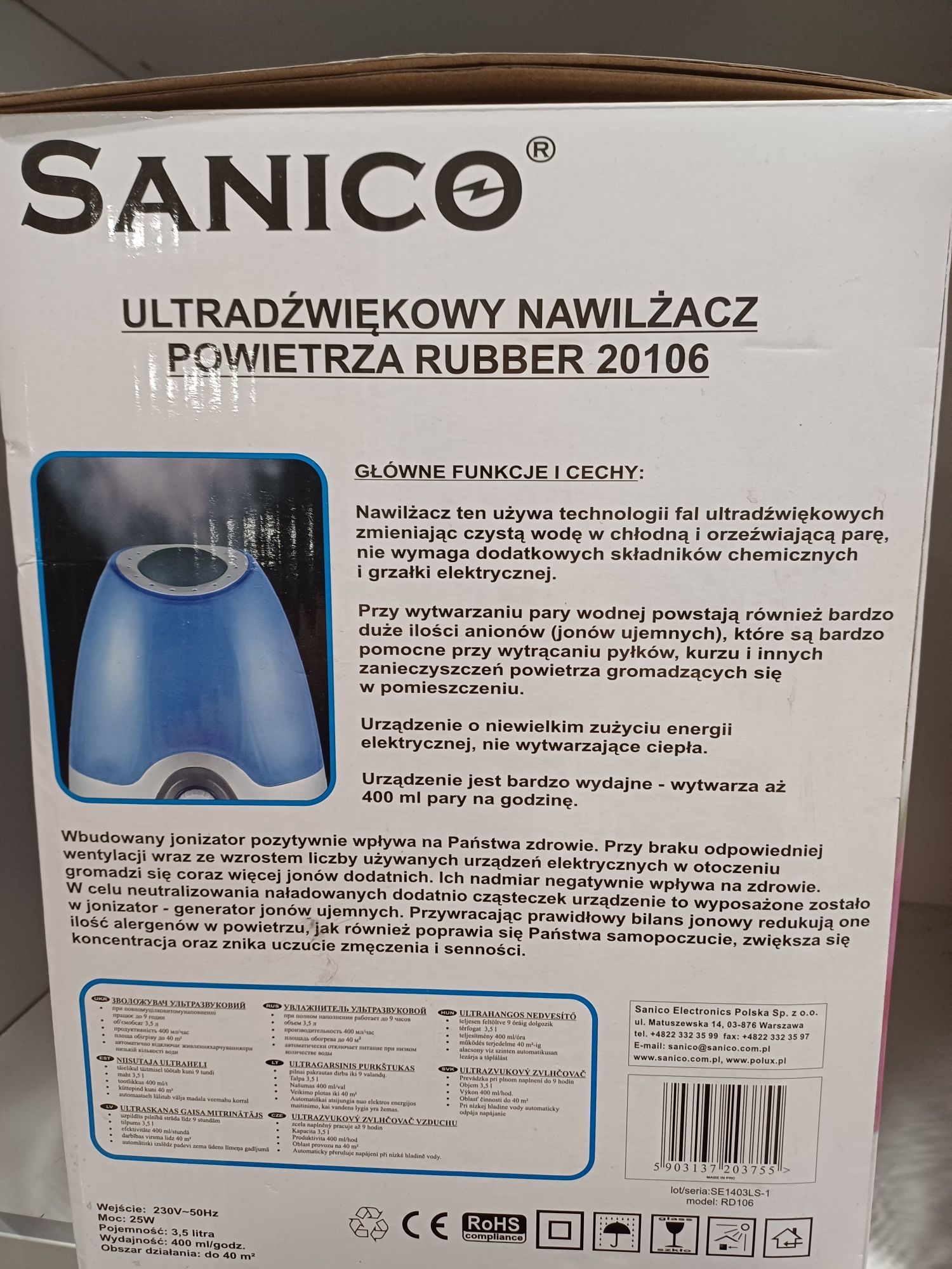 Nawilżacz ultradźwiękowy SANICO RUBBER 20106 /Nowy