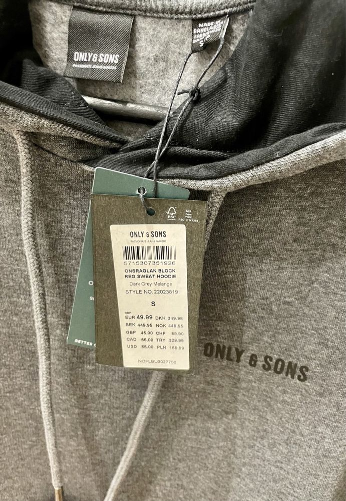 Bluza z kapturem męska - Only & Sons - S  - regular fit hoodie - szara