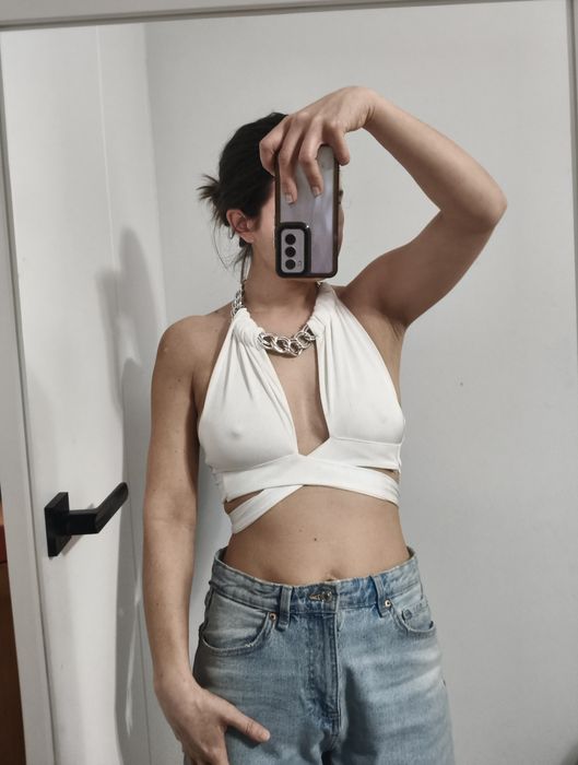Biały crop top łańcuch lace blouse S