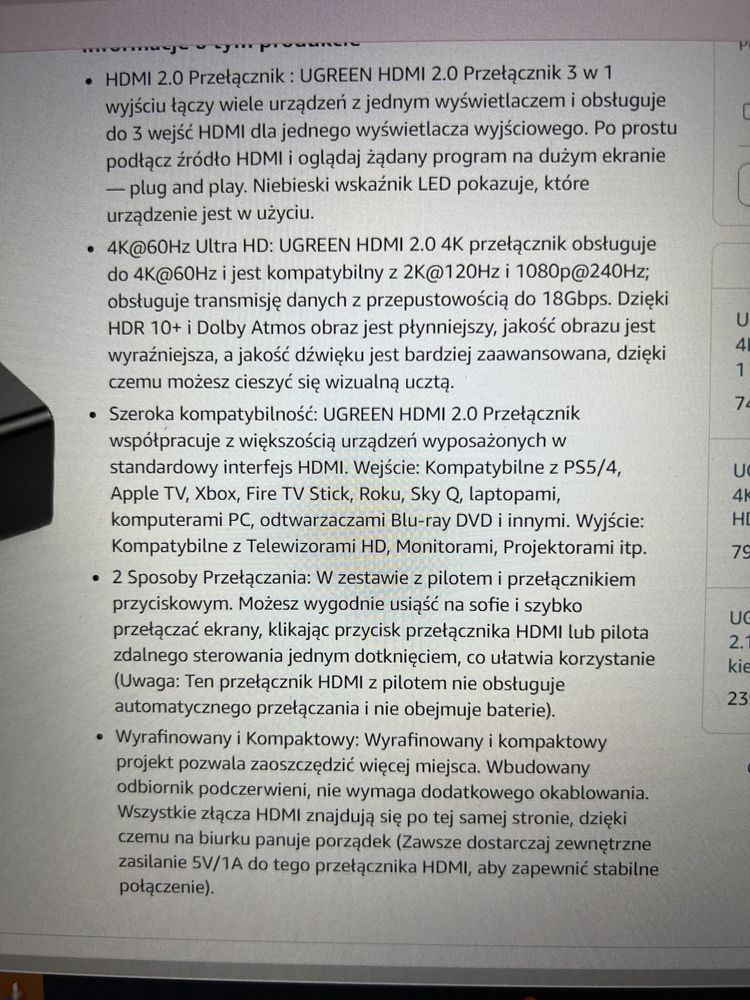 HDMI 4k ugreen 2.0 przełącznik z pilotem