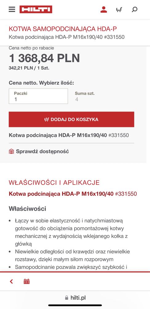 4 kotwy do betonu Hilti 331550 HDA-P 30-M16 x 190/40