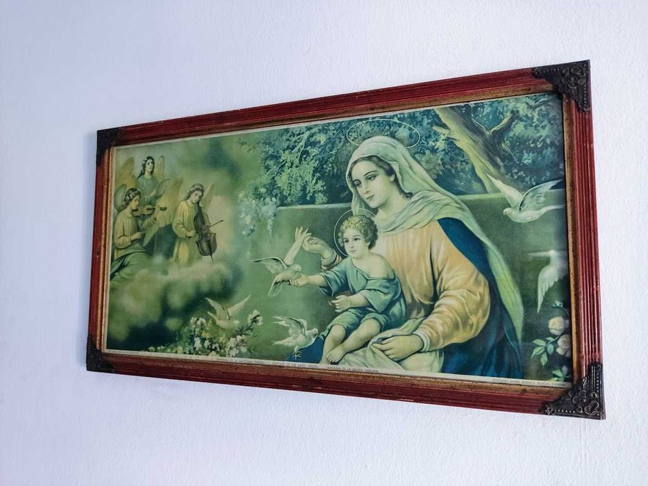 Quadro antigo de imagem da Virgem Maria com os Anjos